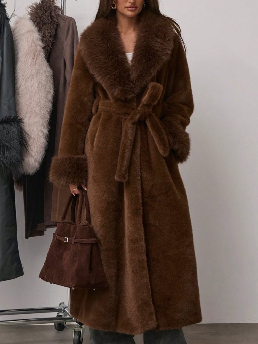 Mocha Brown Women's Shawl Collar Long Sleeve Pocket Belt Faux Fur Trench Coat